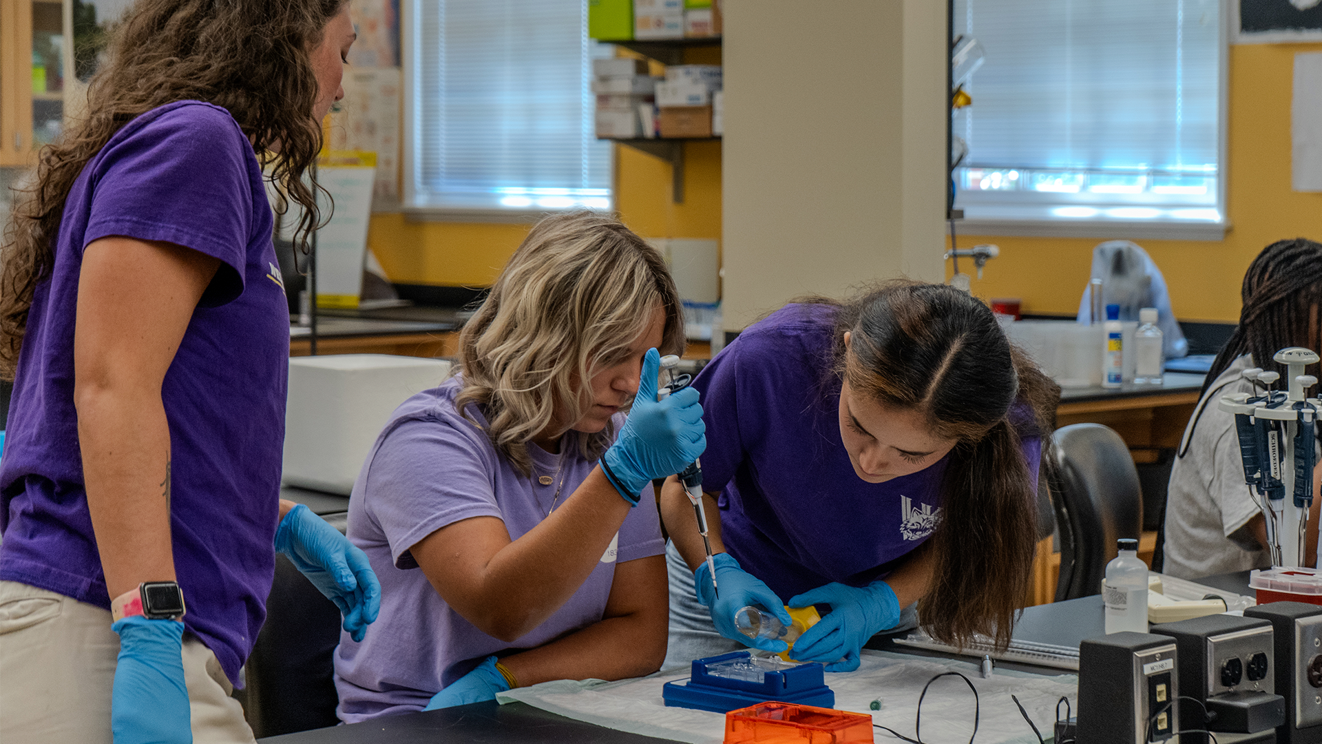 Munroe Scholarship Photo Group of 3 students completing a science experience in an on-campus science lab