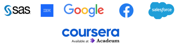 Logos for SAS, IBM, Google, Facebook, salesforce, and coursera