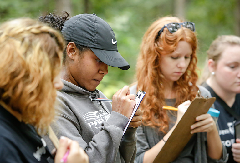 Enviromental Studies students collect data in the Arboretum.