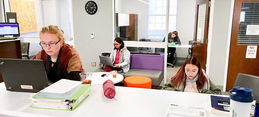 Four students researching in the library